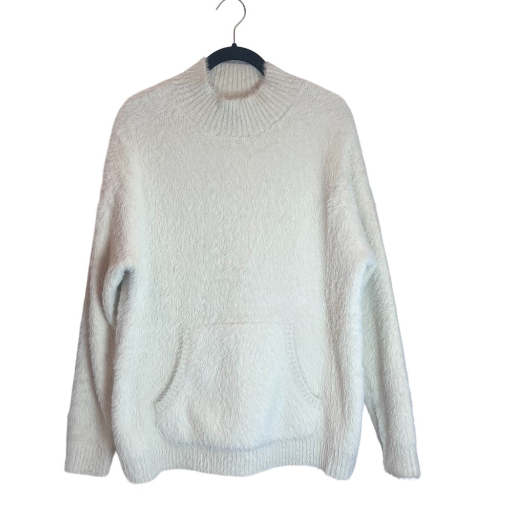 Mer Sea Chalet Ivory Fuzzy Eyelash Knit Mock Neck Sweater Kangaroo Pocket S/M‎